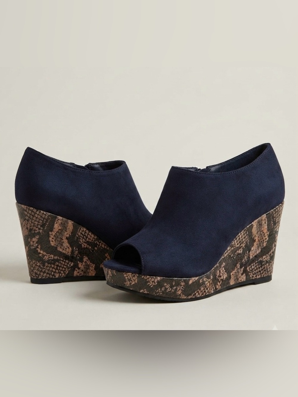ATTENTION Black Suede and Snakeskin Peep Toe Wedges